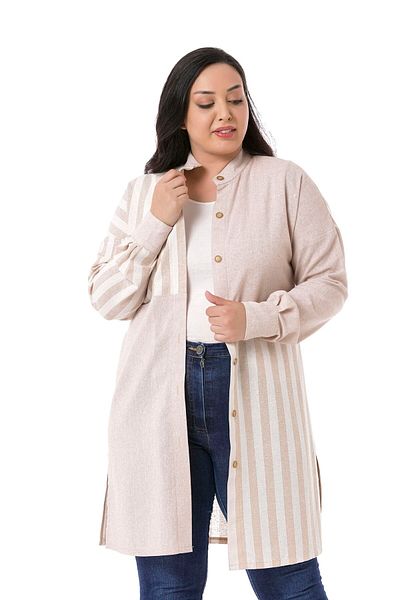 DISENTIS MODEST Cămașă cu tunică bej de mărime Plus cu fantă laterală și garnitură din material textil