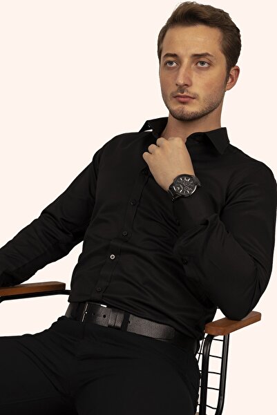 Etikmen Μαύρο ανδρικό πουκάμισο Slimfit με σχέδιο Dobby με κουτί δώρου