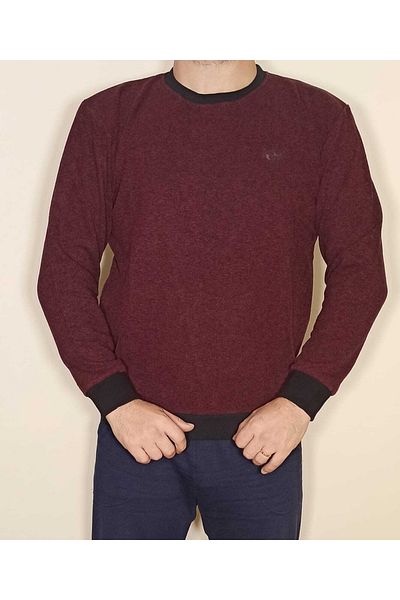 BAHHAR Claret Red Crew Neck Velvet Textured Large Size Men's Sweater