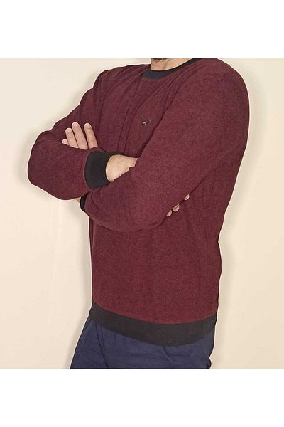 BAHHAR Claret Red Crew Neck Velvet Textured Large Size Men's Sweater
