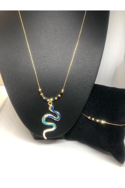 CHIC قلادة وسلسلة ذهبية من حجر ميوكي أنثراسايت على شكل ثعبان أزرق متنوع وسوار...