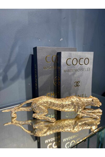 Demir Hediyelik Tekli Leopar Dekoratif Biplo Heykel 8*43 Polyester Altın