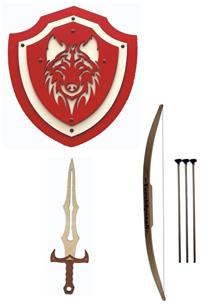 Kiri Ahşap Oyuncak Kurt Başlı Ahşap Kalkan, Kılıç Ve Ok Yay Takımı