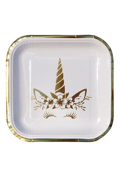 Kazanabil Set of 6 Unicorn Themed Square Cardboard Plates Gold