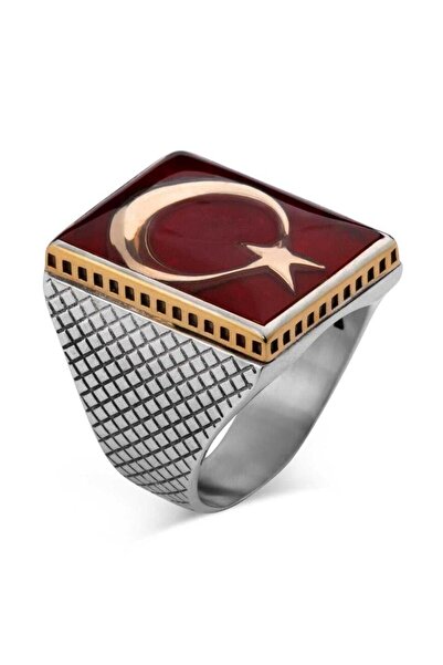 Anı Yüzük Erkek Lisanslı Teşkilat Dizi Yüzüğü 925 Ayar Gümüş Ay Yıldızlı Tasarım Yüzük Kırmızı Lüks Model