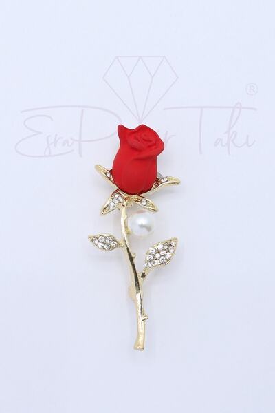 Esra Pamir Taşlı Ve Incili Kırmızı Gül Broş