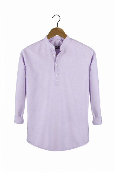 VEAVEN Erkek Lila Hakim Yaka Yarım Patlı Ekoseli Uzun Kollu Gömlek