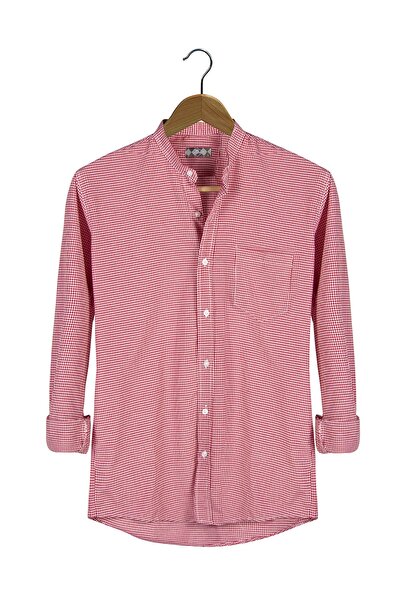 VEAVEN Cămașă cu mânecă lungă cu guler în carouri cu buzunar roșu pentru bărbați