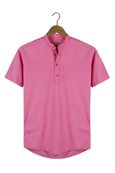 VEAVEN Erkek Koyu Pembe Hakim Yaka Yarım Patlı Ekoseli Kısa Kollu Slim Fit Gömlek