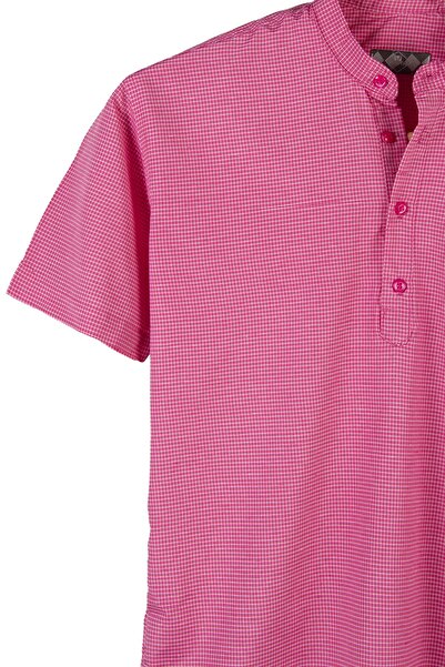 VEAVEN Erkek Koyu Pembe Hakim Yaka Yarım Patlı Ekoseli Kısa Kollu Slim Fit Gömlek