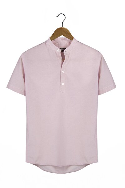 VEAVEN Erkek Açık Bordo Hakim Yaka Yarım Patlı Dik Çizgili Kısa Kollu Slim Fi...