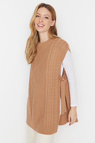 Trendyol Modest Nerzfarbener, geflochtener Strickpullover mit Taillenband TCTAW22UV0018
