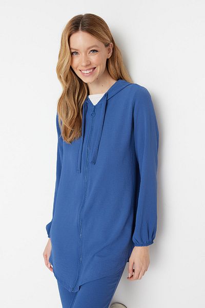 Trendyol Modest Tkaný kardigan a kalhoty v námořnické modré - s kapucí a zipem Tctss22Us0026