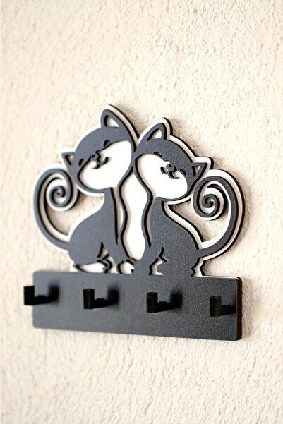 AS TİCARET Sevimli Kediler Ahşap Anahtar Askısı Anahtarlık