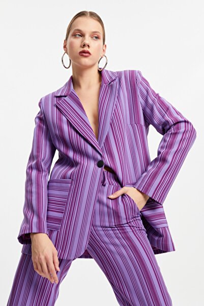 Genel Markalar Mor Çizgili Cepli Blazer Ceket Palazzo Pantolon Takım Elbise