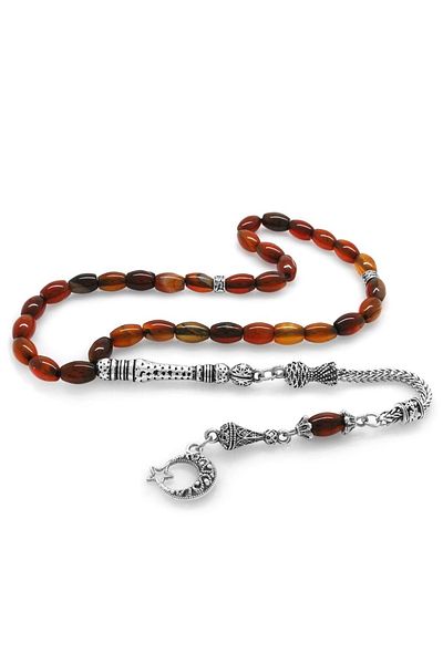 Tesbihane Non-Tarnish Metal Crescent Star Tasseled Barley Cut Red Agate Rosary101001481