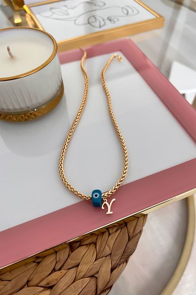 Trendy Butik قلادة سلسلة محبوكة بحرف Y وعين الشر