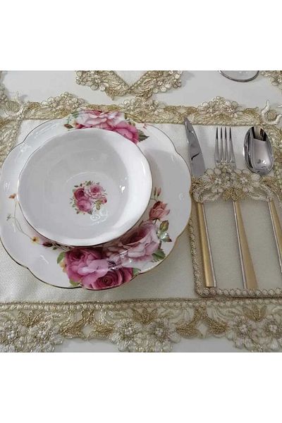 Lady Rio American Serving Embroidered Plate and Runner Set, Table and Presentation Set for 6 Persons, Ecru-gold Color
