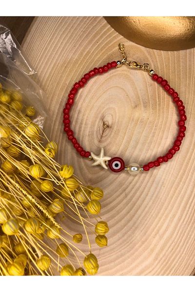 Stoneday Special Design Red Sand Bead Anklet with Starfish and Evil Eye Bead Tips