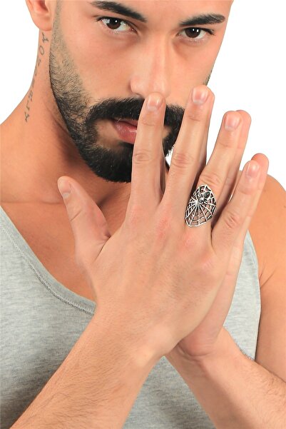 LABALABA Erkek Antik Gümüş Kaplama Ayarlanabilir Örümcek Ağı Yüzük