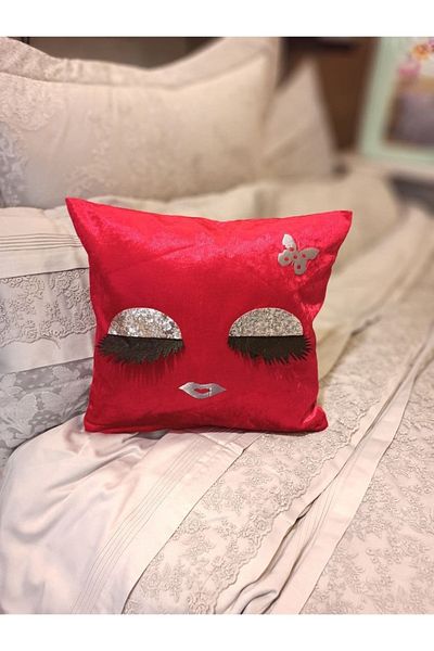ŞENER HOME Sequined Throw Pillow Case with Eyelashes 43x43 Cm. - Red
