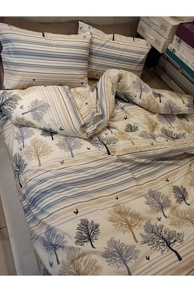 ŞENER HOME Cearșaf de pat din bumbac, cu model, cu model, copac al vieții - albastru, gri
