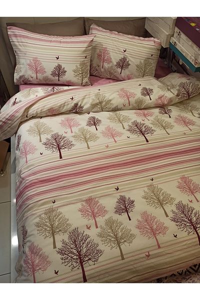 ŞENER HOME Cotton Single Bed Sheet with Elastic New Tree of Life Pattern Duvet Cover Set - Pink, Dusty Rose