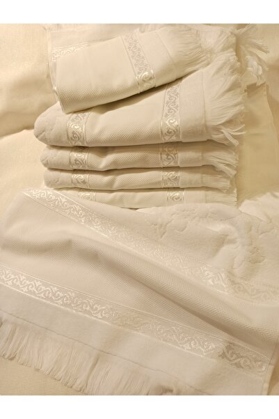 ŞENER HOME 50x90 Білий оксамитовий рушник для рук і обличчя - 6 штук з бахромою та проміжками, з вишивкою з мережива