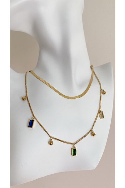 Âlâ Atelier Tarnish-free Colorful Baguette Stone Double Italian Chain Steel Necklace Set Necklace Combination Necklace
