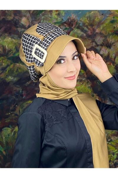 BUTİKAMBAR Damla Model Ekoseli Sütlü Kahve Tesettür Şapka Şal