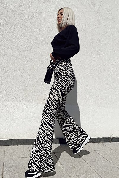 KaSheHa Siyah Beyaz Zebra Desen Krep Kumaş Ispanyol Paça Kadın Pantolon