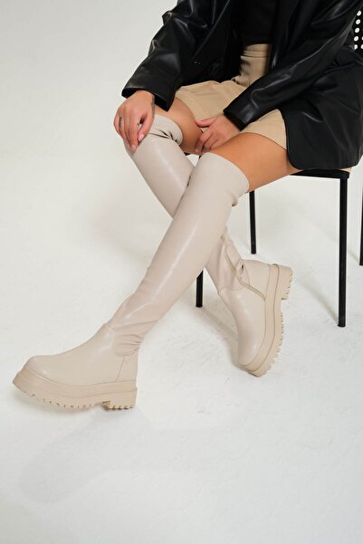 Mi Luz Kalın Tabanlı Deri Görünümlü Diz Üstü Streç Çizme