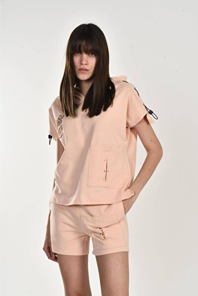 DAVID&GERENZO Σορτς με κουκούλα με λεπτομέρεια με κέντημα και δαντέλα Salmon Good Luck