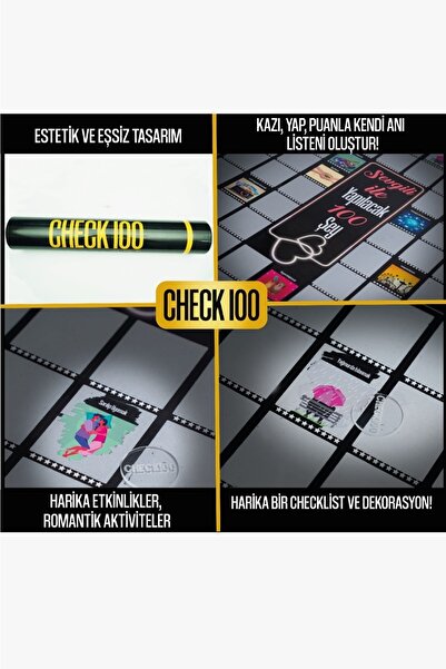 Check100 Hediye Seti Sevgili ile Yapılacak 100 Şey Kazı Kazan Poster | 3m LED Işıklı, Çikolata Hediyeli