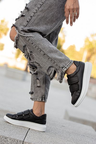 BOUIS Pantofi de sport durabil, din piele artificială, alb-negru, cu velcro, cu talpă groasă, pantofi flexibili și eleganti