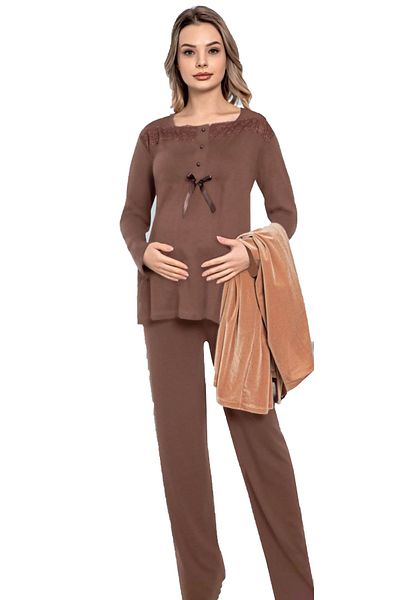 VocalMood Καφέ 3 τεμαχίων και βελούδινη παντόφλα Jenika 51220 Maternity Maternity Pijama Set