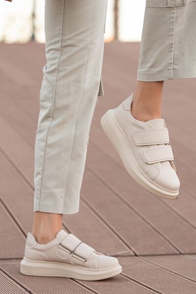 BOUIS Women's Beige Double-Strapped Leather Thick Soft Sole Sneakers Stylish Light Daily Walking Sneakers