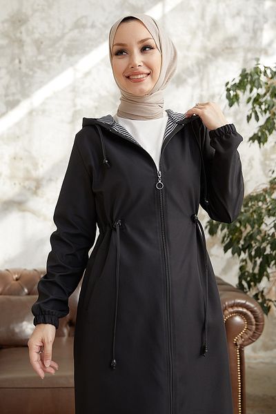 InStyle Layisa ριγέ μοτίβο συγκεντρωμένη τάφρο μέσης - Μαύρο