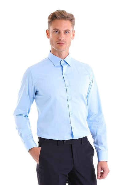 Hatemoğlu Μπλε Comfort Fit Μασίφ 100% βαμβακερό μακρυμάνικο κλασικό σατέν πουκάμισο