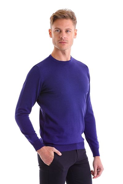 Hatemoğlu Blue Comfort Fit Plain Crew Neck Woolen Sweater