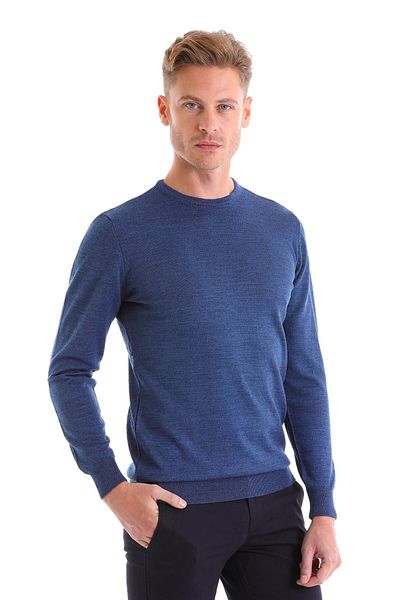 Hatemoğlu Μπλε Comfort Fit Απλό μάλλινο πουλόβερ με λαιμόκοψη