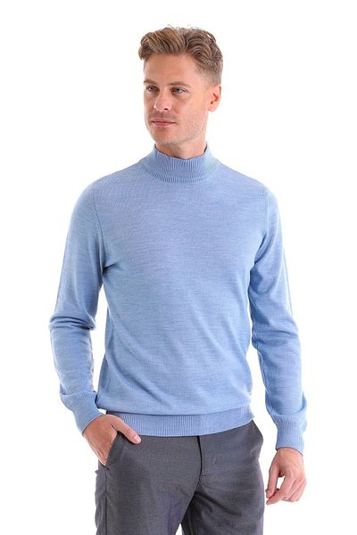 Hatemoğlu Μπλε Comfort Fit Απλό μάλλινο πουλόβερ με μισό ζιβάγκο