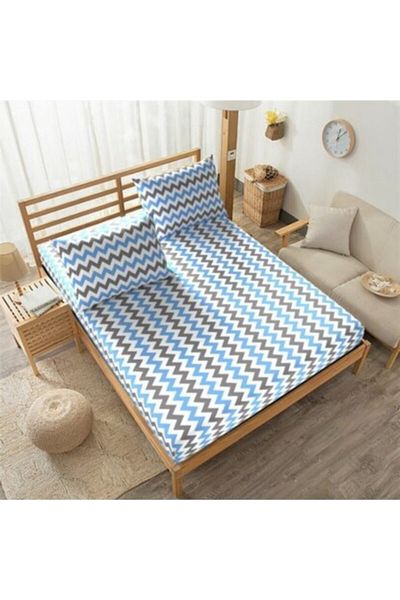 Kaan Set de cearșafuri cu model în zig-zag, albastru și alb