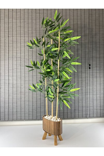 Bahçem Ahşap Saksılı Ayaklı Elips Model Yapay Yoğun Yapraklı Dekoratif Bambu Ağacı 125cm 3 Gövde