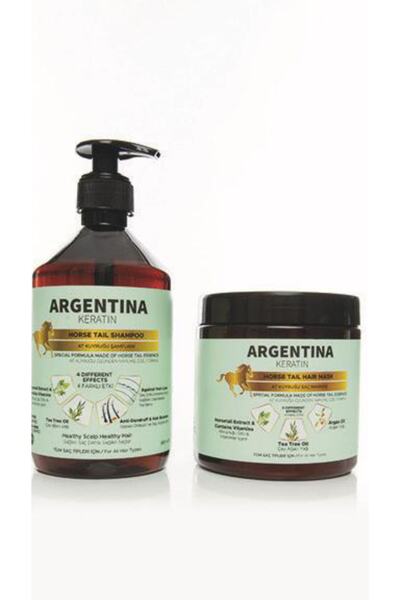 ARGENTİNA KERATİN Keratin & Dökülme Önleyici At Kuyruğu Şampuan 500 ml & Argan Yağlı Saç Maskesi - Saç Kremi 500ml