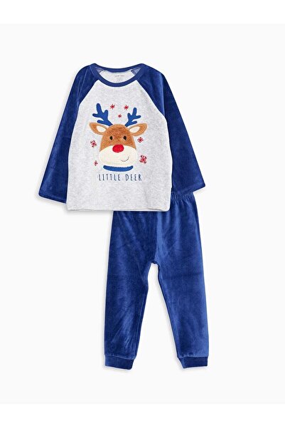 LC Waikiki Bisiklet Yaka Uzun Kollu Nakış Detaylı Erkek Bebek Kadife Pijama T...