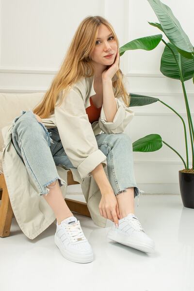 Nstil Günlük Unisex Beyaz Sneaker Bağcıklı Rahat Kalın Tabanlı Spor Yürüyüş Ayakkabısı 191
