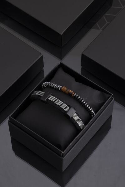 Sortie Aksesuar Hakiki Deri Ve Doğal Taş Erkek Kombin Bileklik Seti 002