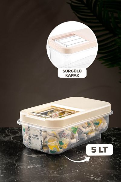 Meleni Home 5 Lt Tablet Detergent Storage Box - Labeled Sliding Lid Cream