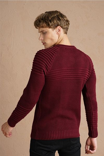 COOL TARZ Men's Claret Red Ribbed Crew Neck Knitwear Sweater-trzcm28888r07s